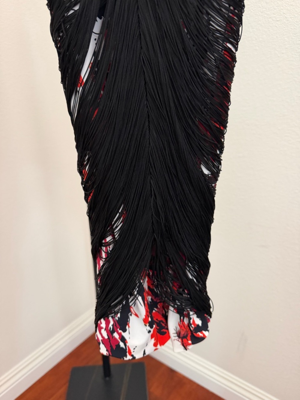 Roberto Cavalli Black and draped Red Fringe-Overlay V-Neck Dress - Picture 5 of 8